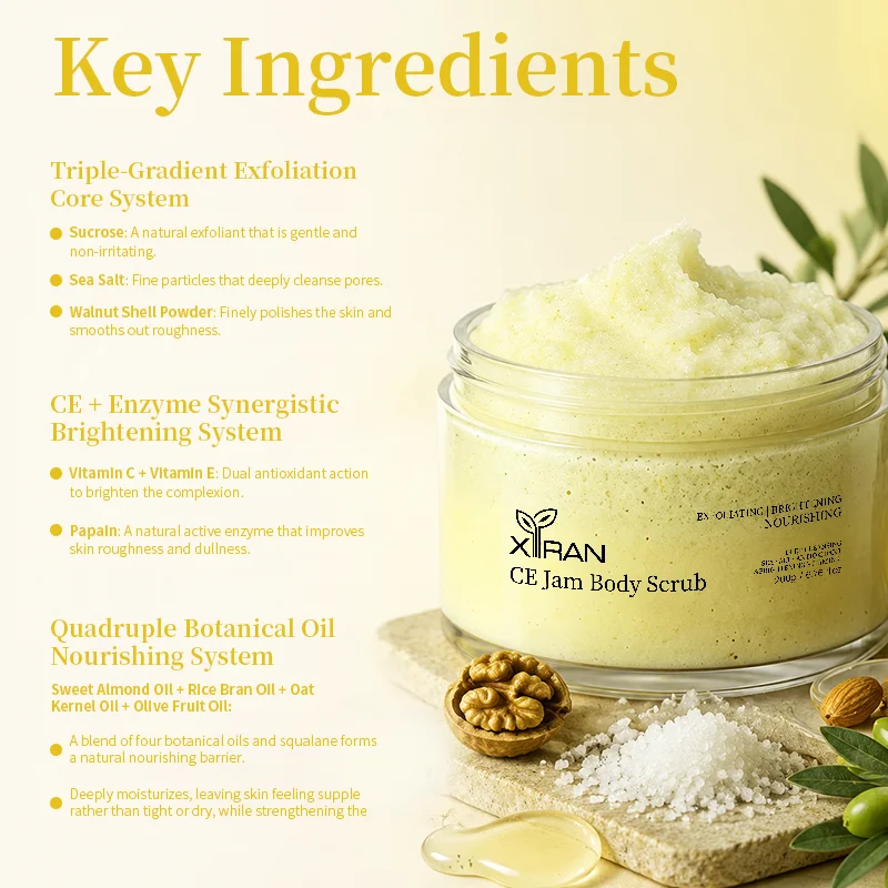 Close-up of XIRAN CE Jam Body Scrub with highlights of key ingredients including sucrose, sea salt, walnut shell powder, vitamins C and E, and botanical oils.